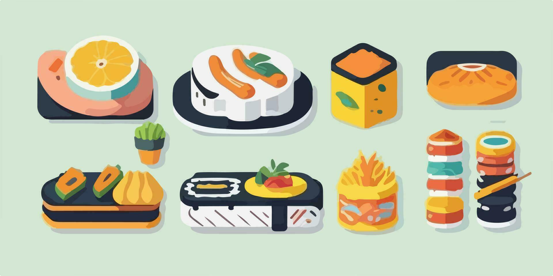 wunderlich Sushi Reise, beschwingt Vektor Illustration von bunt Delikatessen