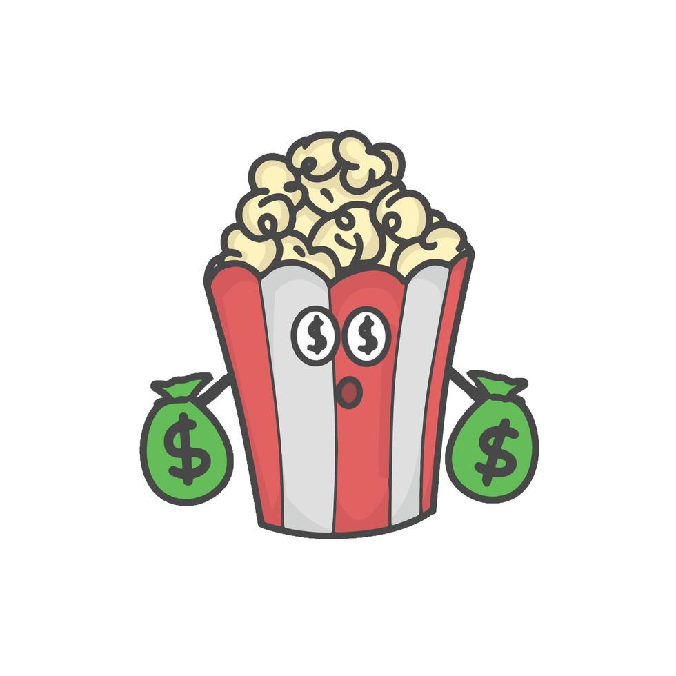 söt popcorn karaktär platt tecknad vektor mall design illustration