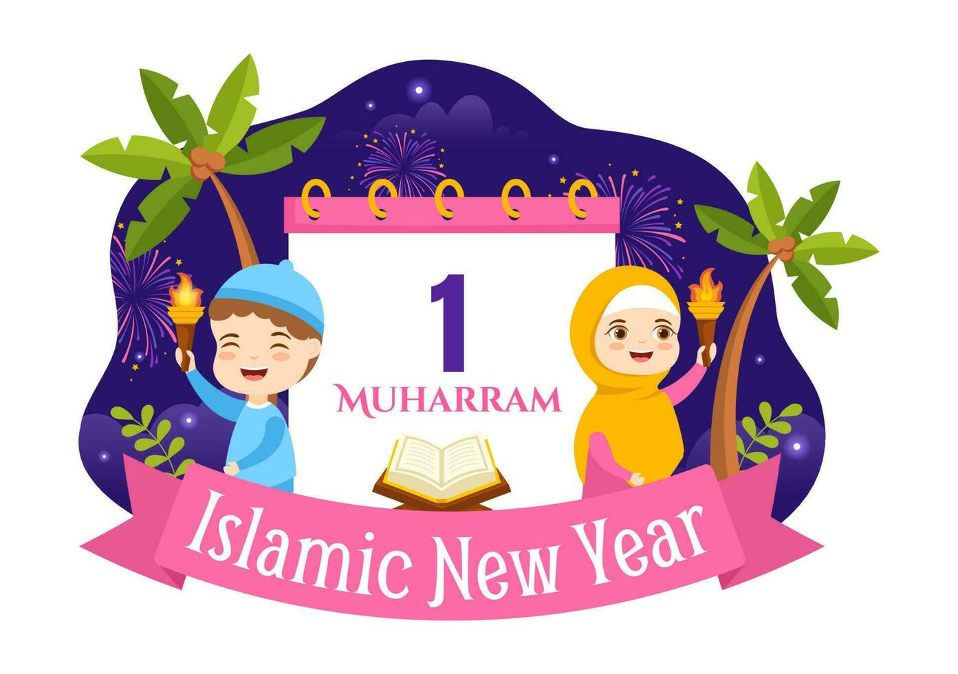 Lycklig Muharram vektor illustration med barn fira islamic ny år i platt tecknad serie hand dragen landning sida bakgrund mallar