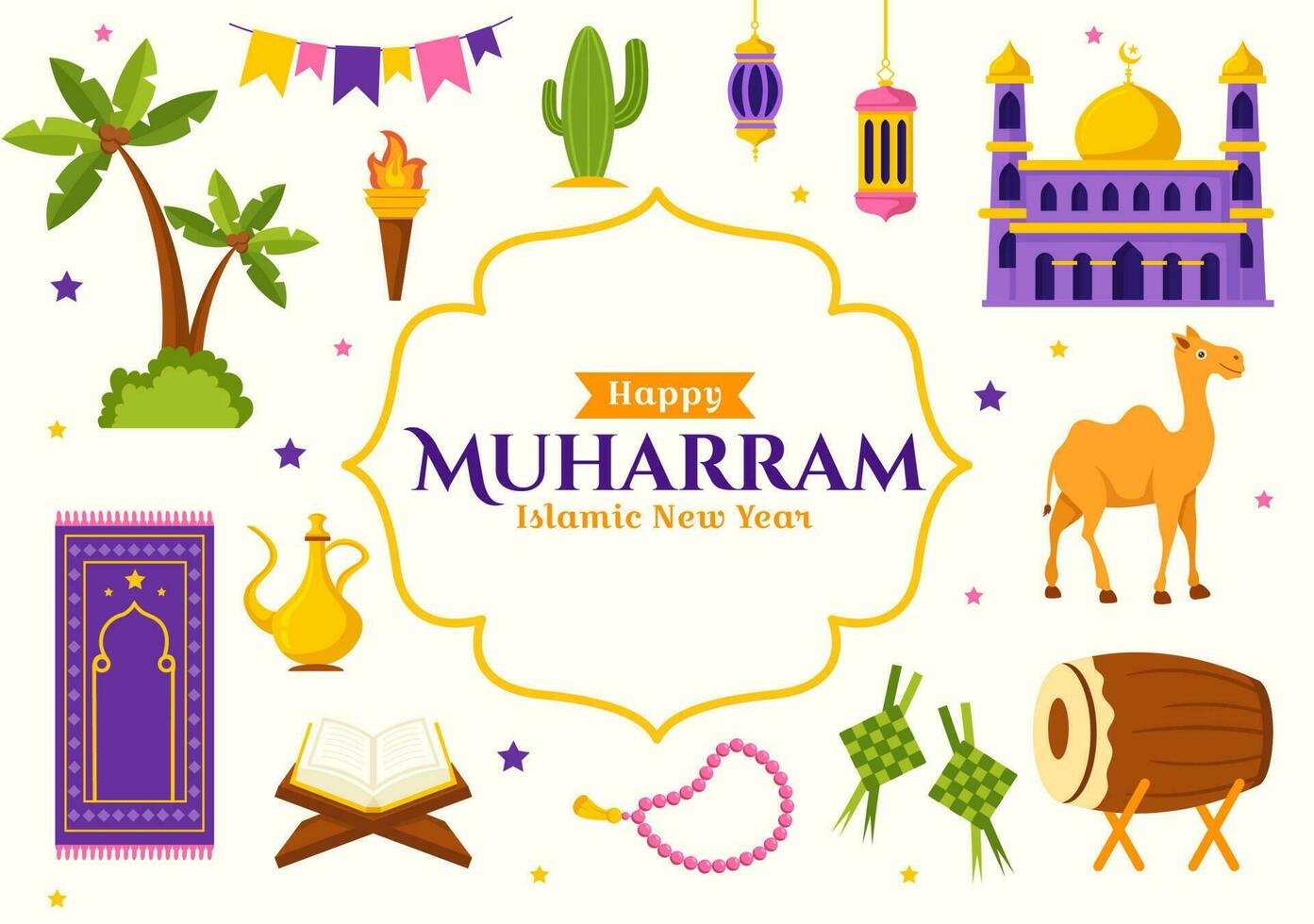 glücklich Muharram Vektor Illustration mit feiern islamisch Neu Jahr im eben Karikatur Hand gezeichnet Landung Seite Hintergrund Vorlagen