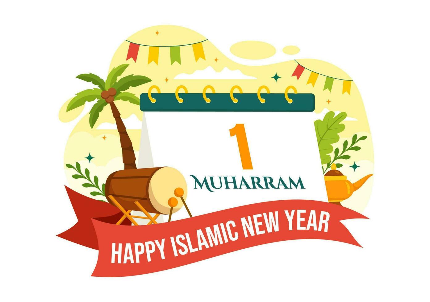 Lycklig Muharram vektor illustration med fira islamic ny år i platt tecknad serie hand dragen landning sida bakgrund mallar