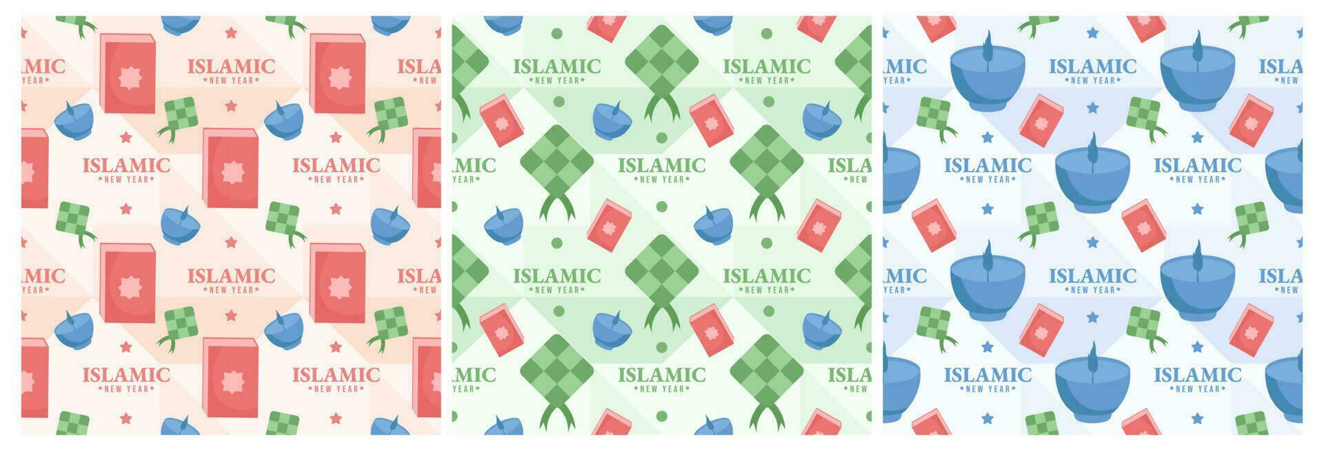 einstellen von glücklich islamisch Neu Jahr nahtlos Muster Design eben Illustration mit Muslime Elemente im Vorlage Hand gezeichnet vektor