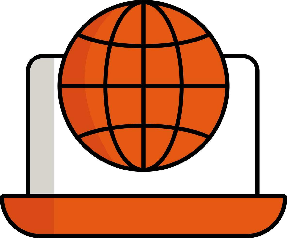Laptop mit Globus Symbol im Orange und Weiß Farbe. vektor