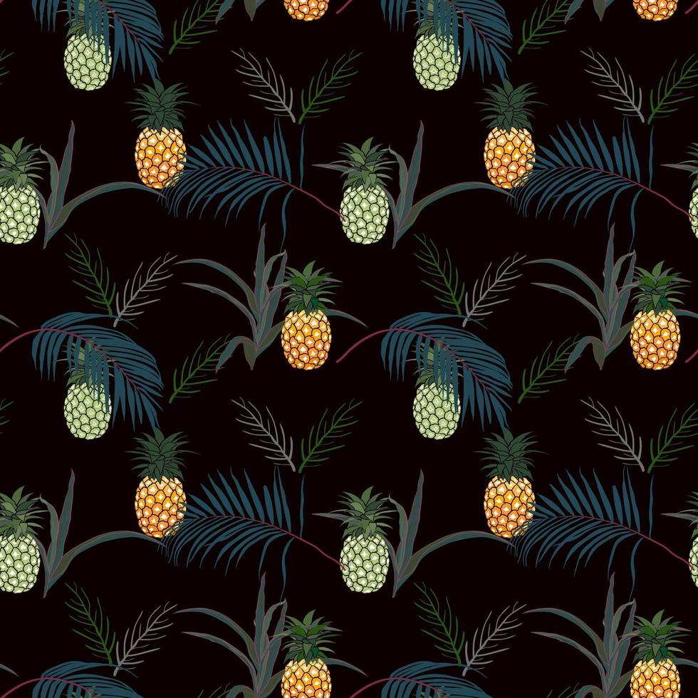 ananas med tropiska löv på mörk sommarnatt sömlösa mönster för mode, tyg, textil, kläder, dekoration eller tryck vektor