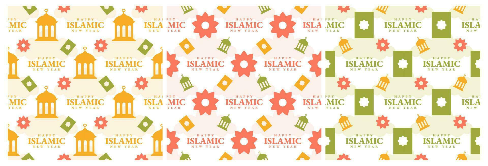einstellen von glücklich islamisch Neu Jahr nahtlos Muster Design eben Illustration mit Muslime Elemente im Vorlage Hand gezeichnet vektor
