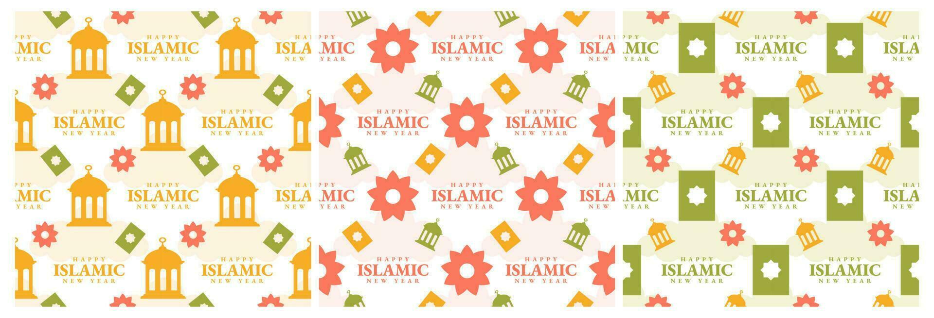 uppsättning av Lycklig islamic ny år sömlös mönster design platt illustration med muslims element i mall hand dragen vektor