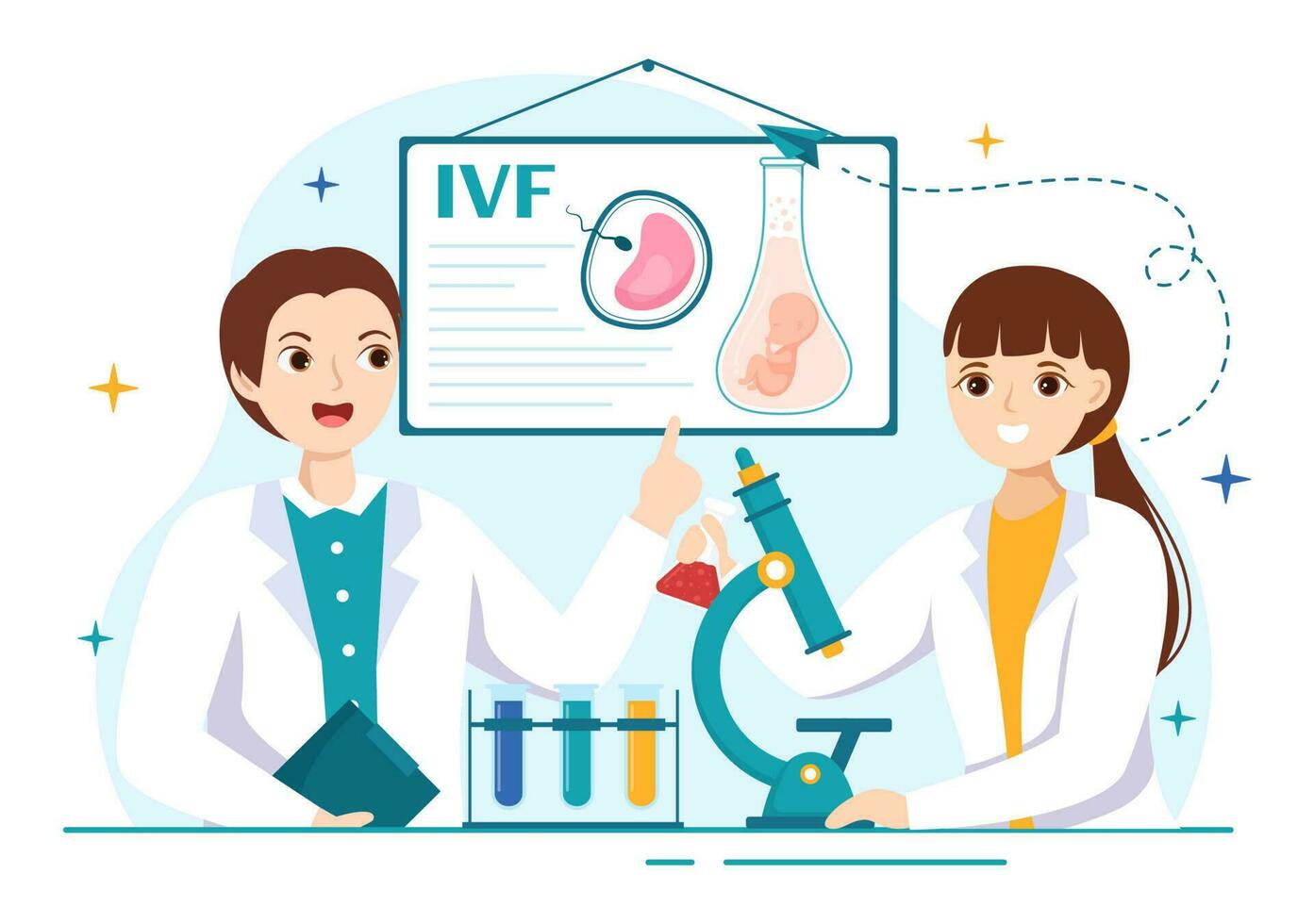 artificiell graviditet vektor illustration med par efter framgångsrik embryo engraftment och reproduktologi hälsa i tecknad serie hand dragen mallar