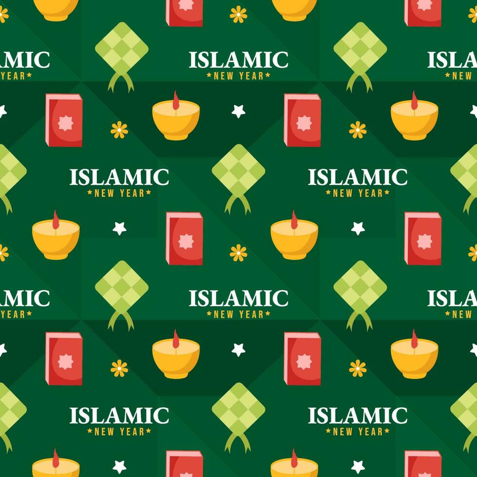 Lycklig islamic ny år sömlös mönster design platt illustration med muslims element i mall hand dragen vektor