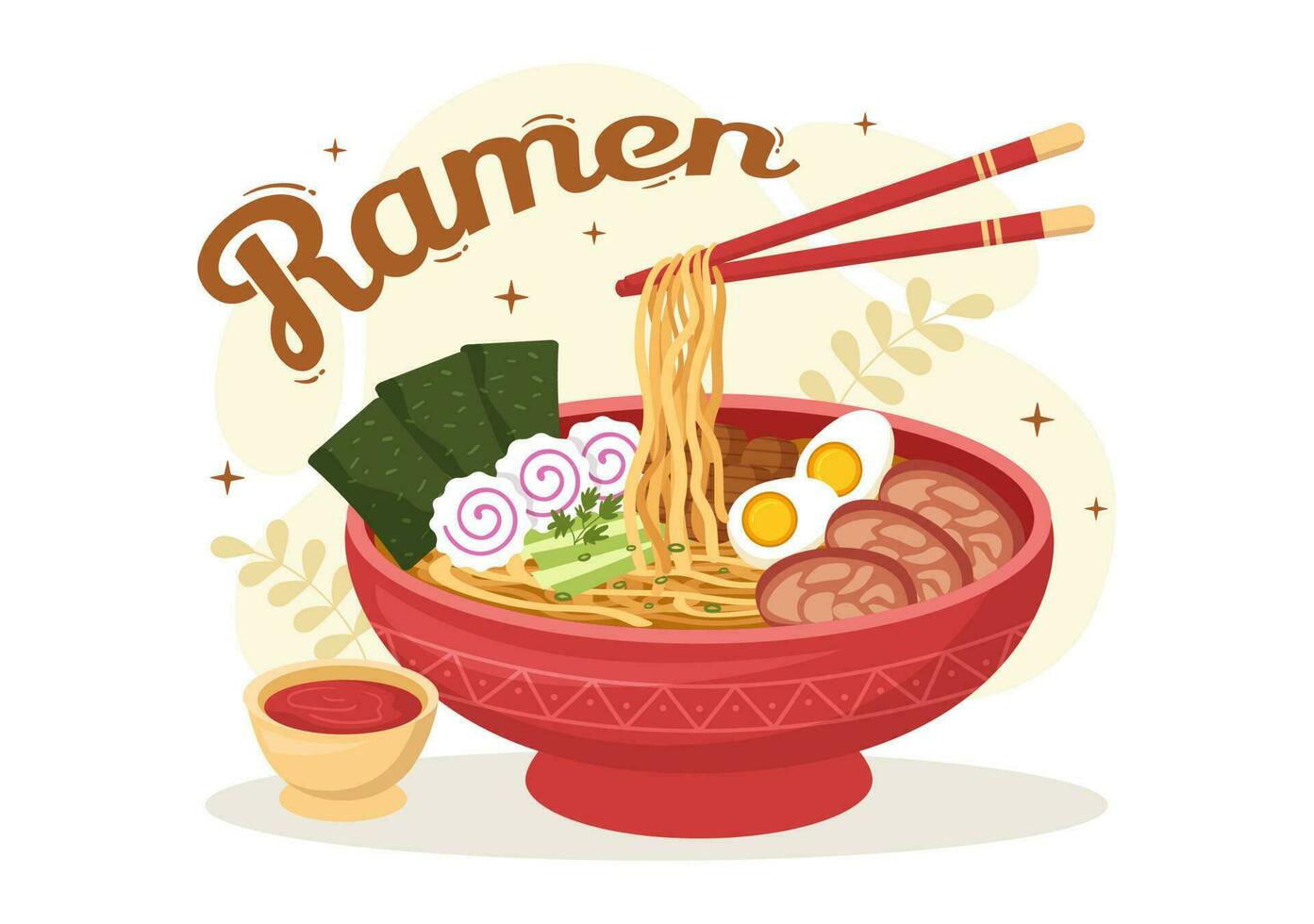 Ramen vektor illustration av japansk mat med nudel, ätpinnar, miso soppa, ägg kokt och grillad inte jag heller i platt tecknad serie hand dragen mallar