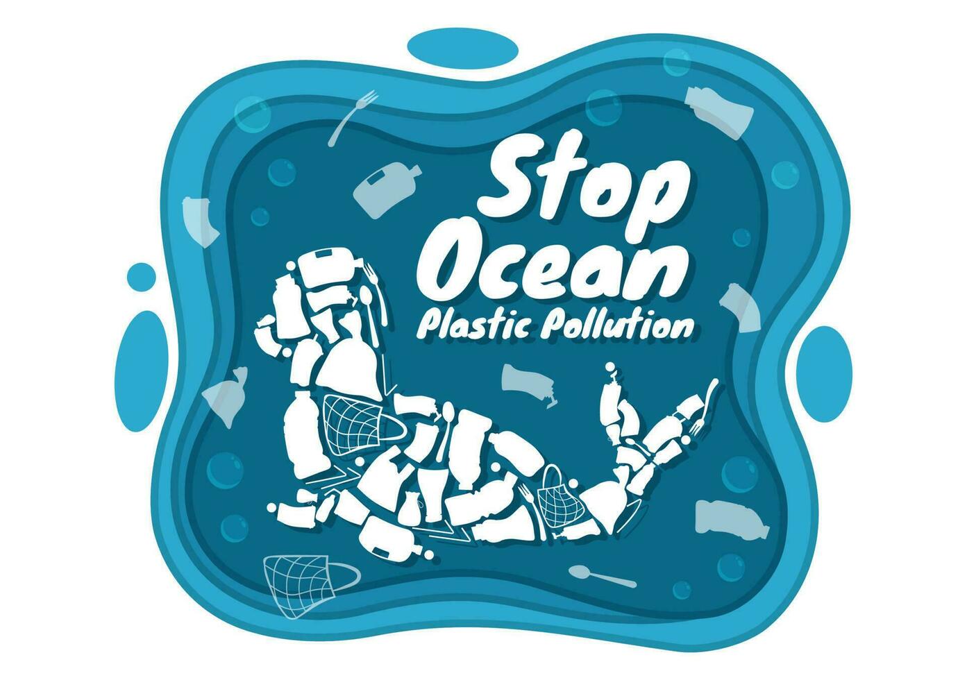 halt Ozean Plastik Verschmutzung Vektor Illustration mit Müll unter das Meer mögen ein Abfall Tasche, Müll und Flasche im eben Karikatur Hand gezeichnet Vorlagen