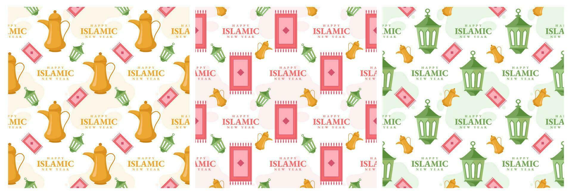 einstellen von glücklich islamisch Neu Jahr nahtlos Muster Design eben Illustration mit Muslime Elemente im Vorlage Hand gezeichnet vektor