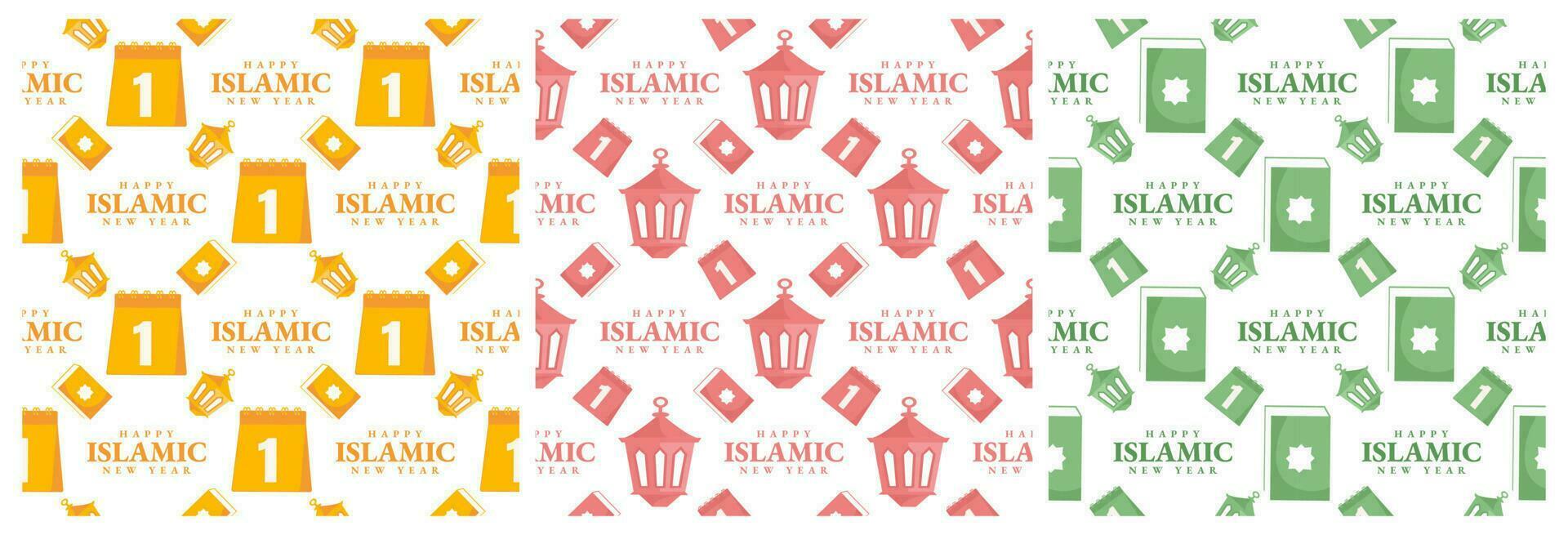 einstellen von glücklich islamisch Neu Jahr nahtlos Muster Design eben Illustration mit Muslime Elemente im Vorlage Hand gezeichnet vektor