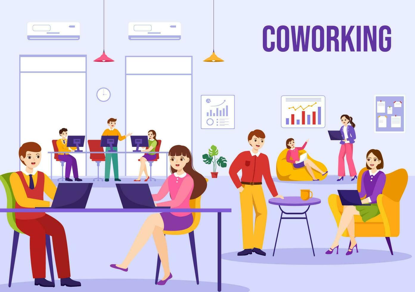 Coworking Geschäft Vektor Illustration mit Kollegen reden, Treffen und Arbeiten beim das Büro im eben Karikatur Hand gezeichnet Landung Seite Vorlagen