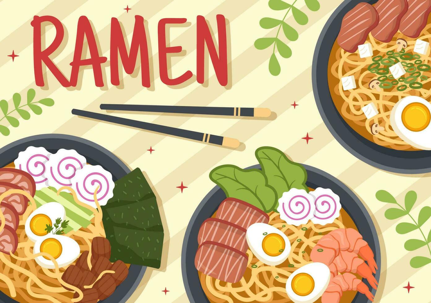 Ramen Vektor Illustration von japanisch Essen mit Nudel, Essstäbchen, Miso Suppe, Ei gekocht und gegrillt nori im eben Karikatur Hand gezeichnet Vorlagen