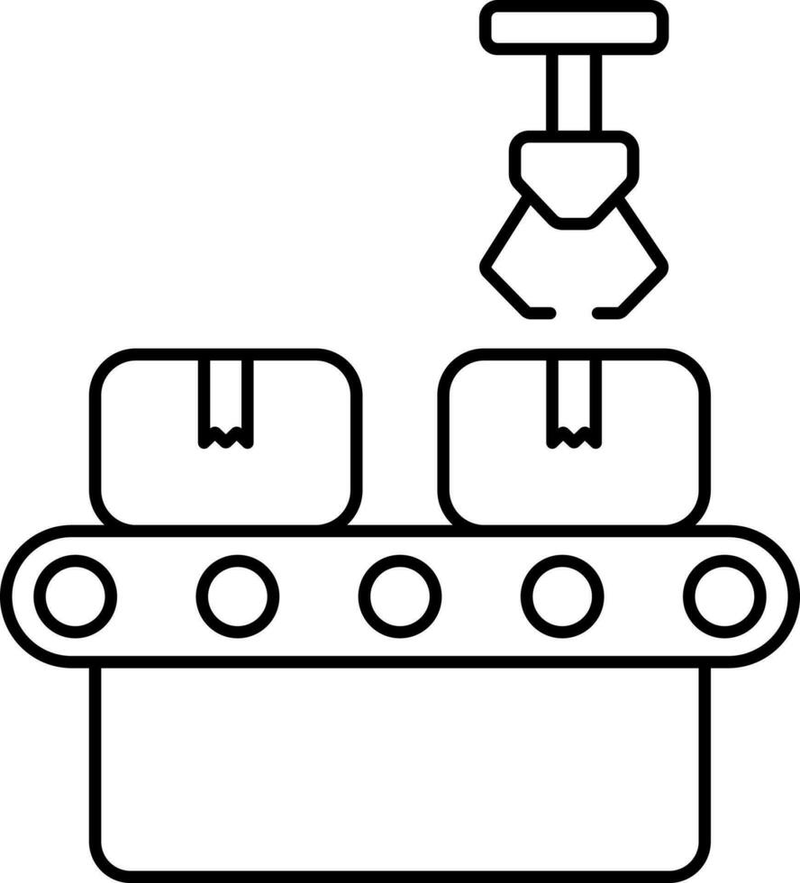 förpackning lådor på transportband bälte med robot ärm ikon i svart översikt. vektor