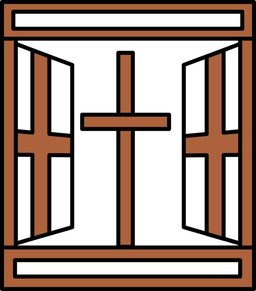 öppen fönster med kristen korsa ikon i brun och vit Färg. vektor