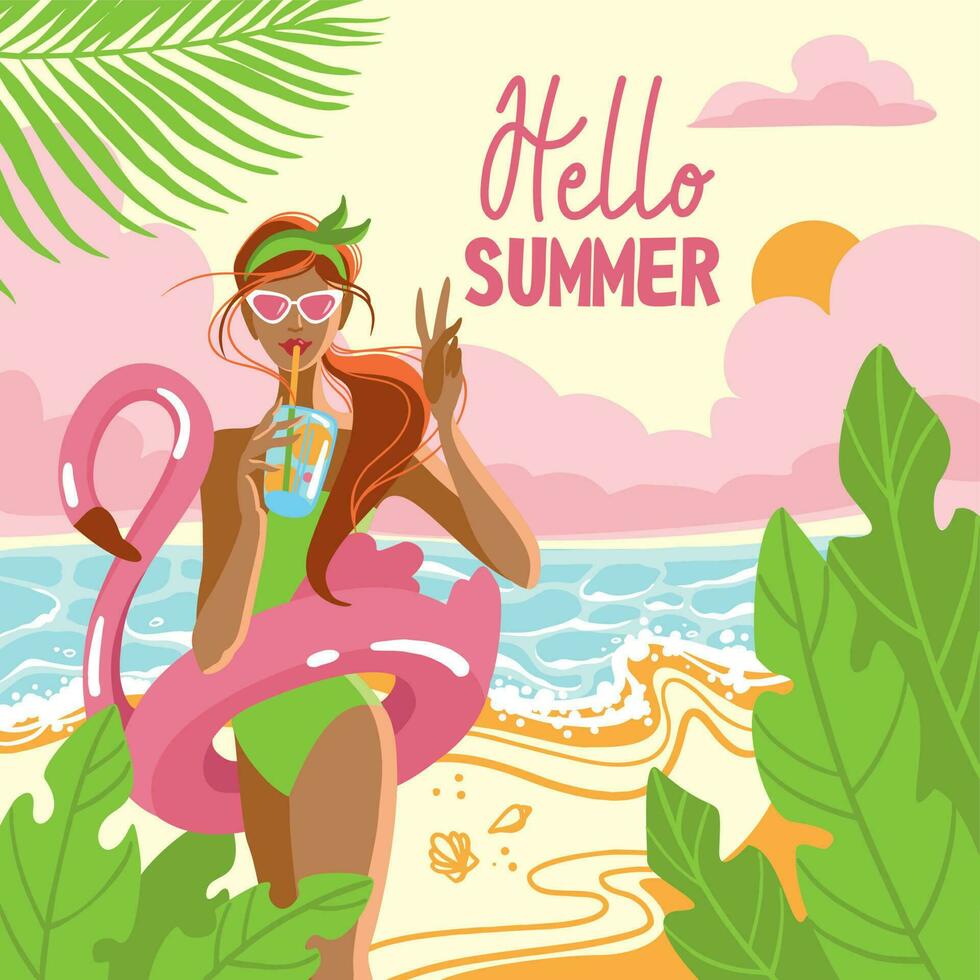 schön Mädchen auf das Strand mit ein aufblasbar Flamingo, Getränke Cocktails. Sommer- Ferien . Banner. Vektor Illustration