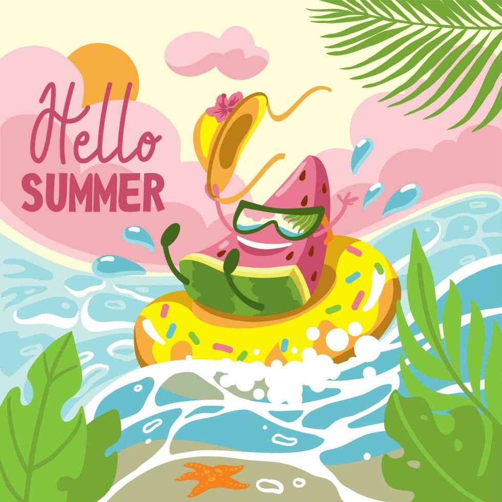 glad vattenmelon i solglasögon flyter i de hav. sommar fest. Hej sommar. vektor illustration.