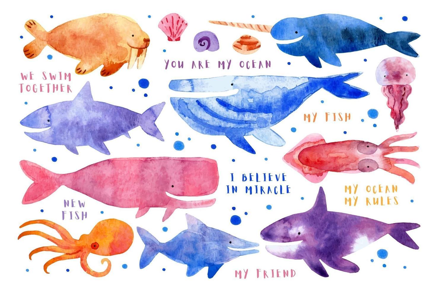 Meer Unterwasser Kreaturen Tiere Fische Walhai Walross Narwal Quallen Tintenfisch Killerwal Delphin Tintenfisch Aquarell Illustration vektor