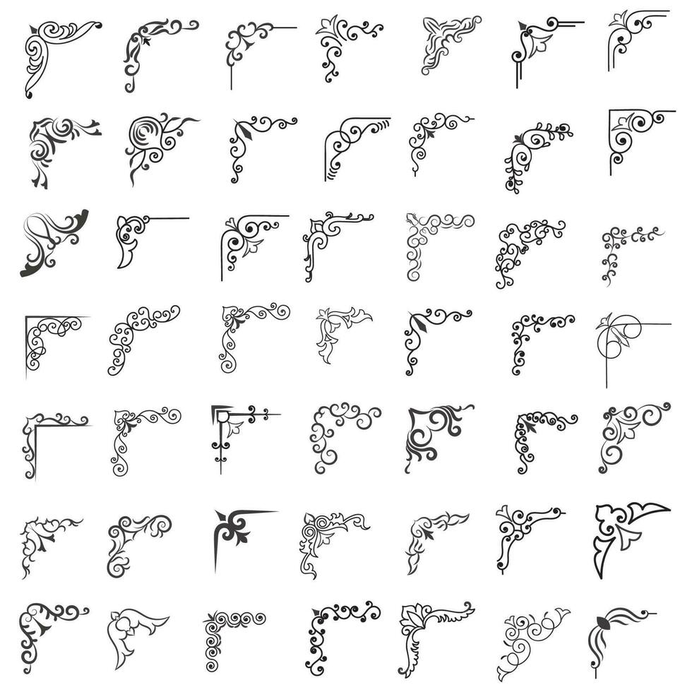 vektor illustration av dekorativ hörn ram uppsättning. uppsättning hand dra av hörn annorlunda former blomma dekoration vektor design klotter skiss stil för bröllop och baner