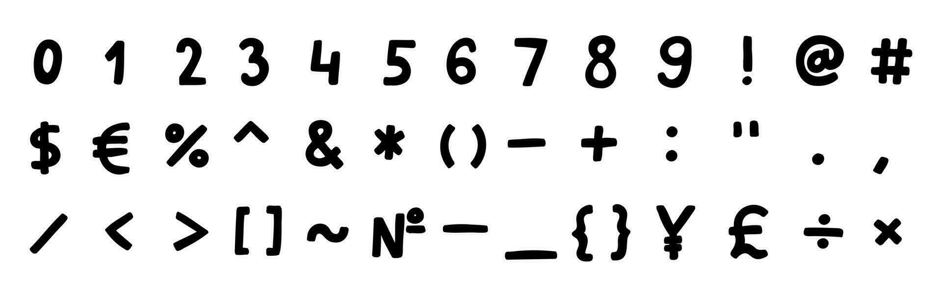 enkel svart särskild matematisk och Övrig symboler och tecken font 0 till 9. vektor illustration i hand dragen tecknad serie klotter stil isolerat på vit bakgrund. för logotyp, kort, inlärning, försäljning.