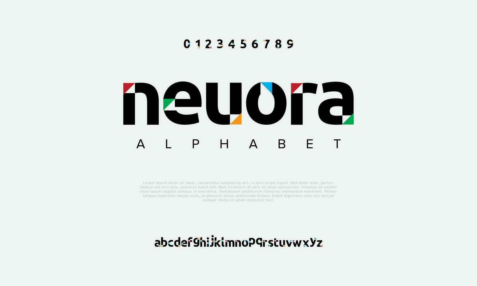 neuora abstrakt digital teknologi logotyp font alfabet. minimal modern urban typsnitt för logotyp, varumärke etc. typografi typsnitt versal små bokstäver och siffra. vektor illustration