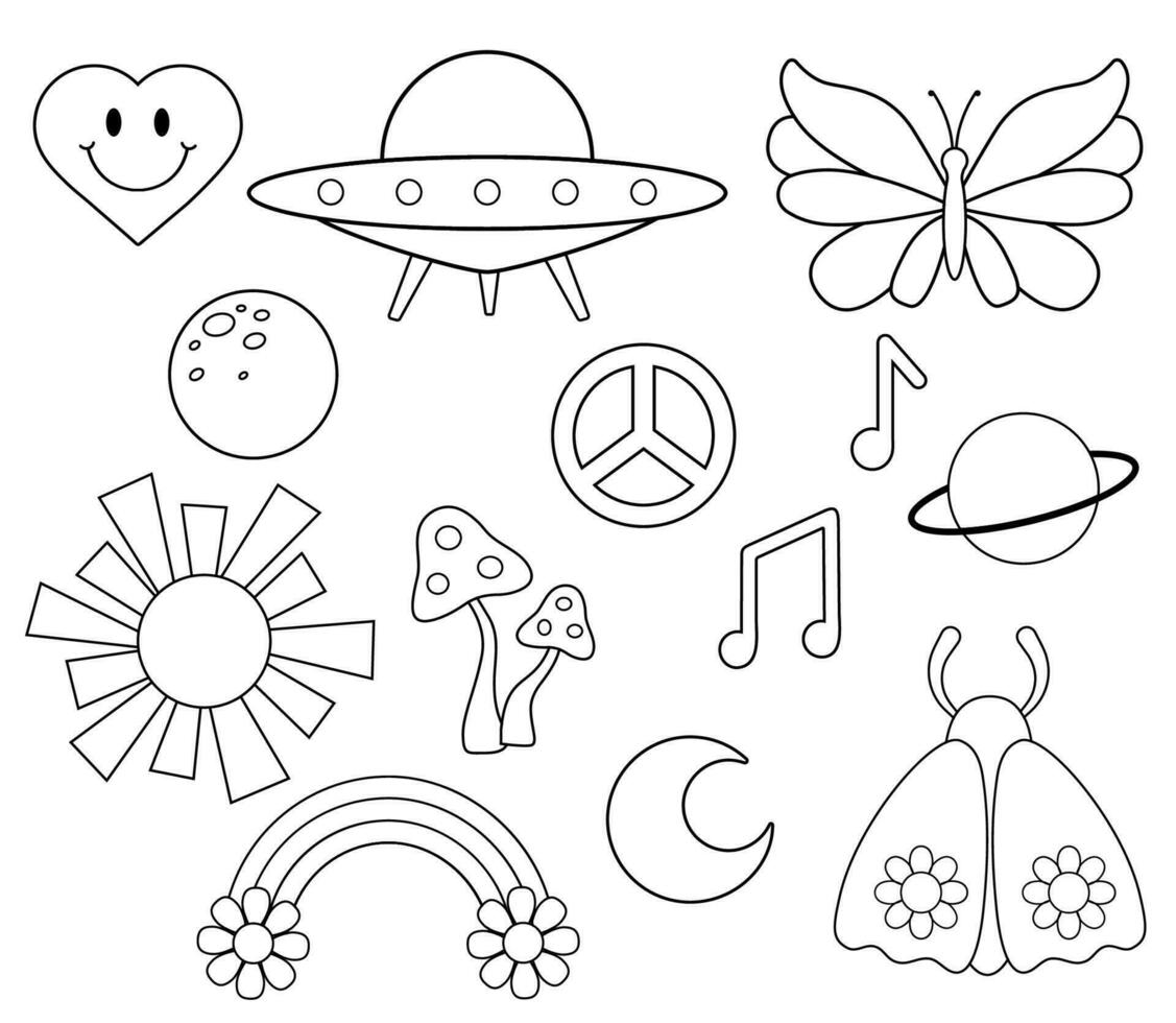groovig retro Pilze, Frieden Zeichen und Motte. Hippie psychedelisch Skizzen im 1970 Stil zum Färbung Buch vektor