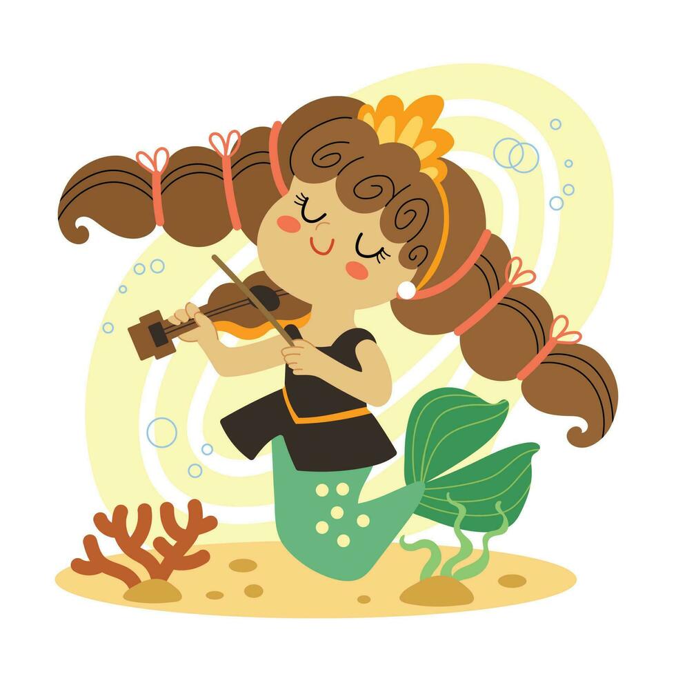 söt tecknad serie sjöjungfru musiker spelar fiol vektor illustration