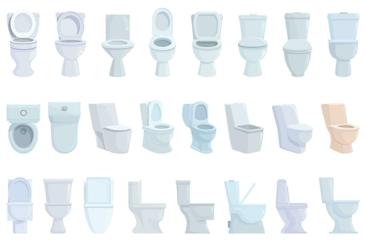 Toilette Schüssel Symbole einstellen Karikatur Vektor. Toilette sauber vektor