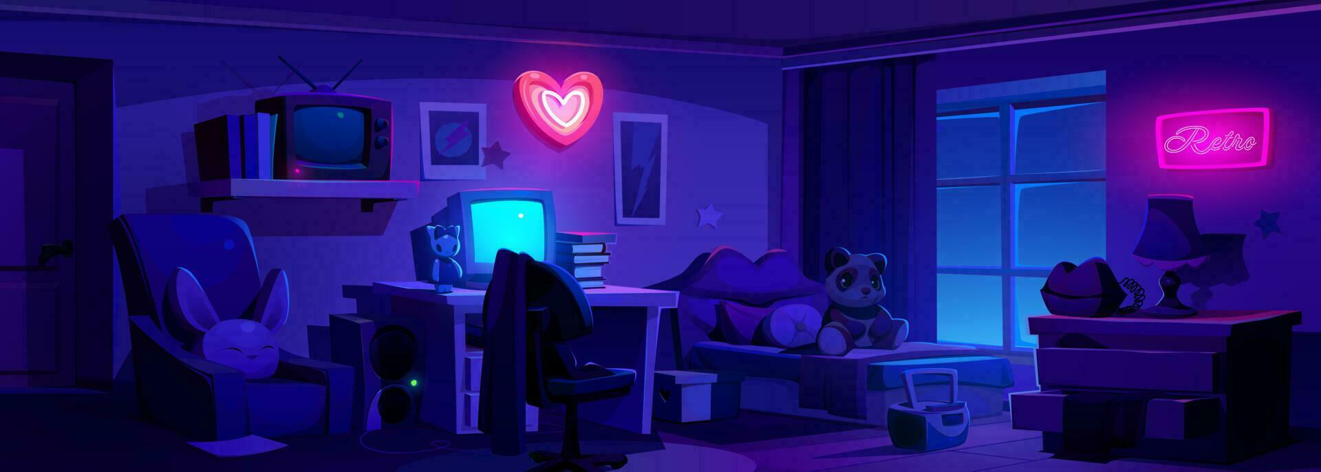 natt y2k flicka sovrum interiör med neon hjärta vektor