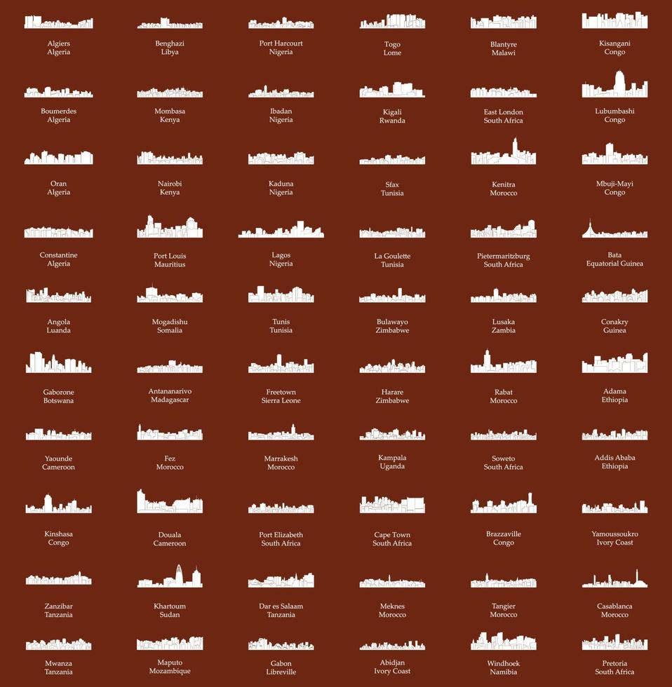 Set von 60 Stadtsilhouetten aus Afrika vektor