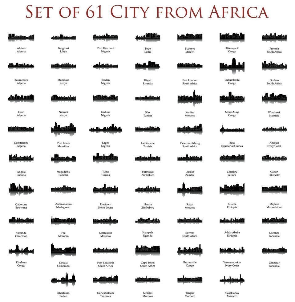 uppsättning av 60 stadssilhuetter från afrika vektor