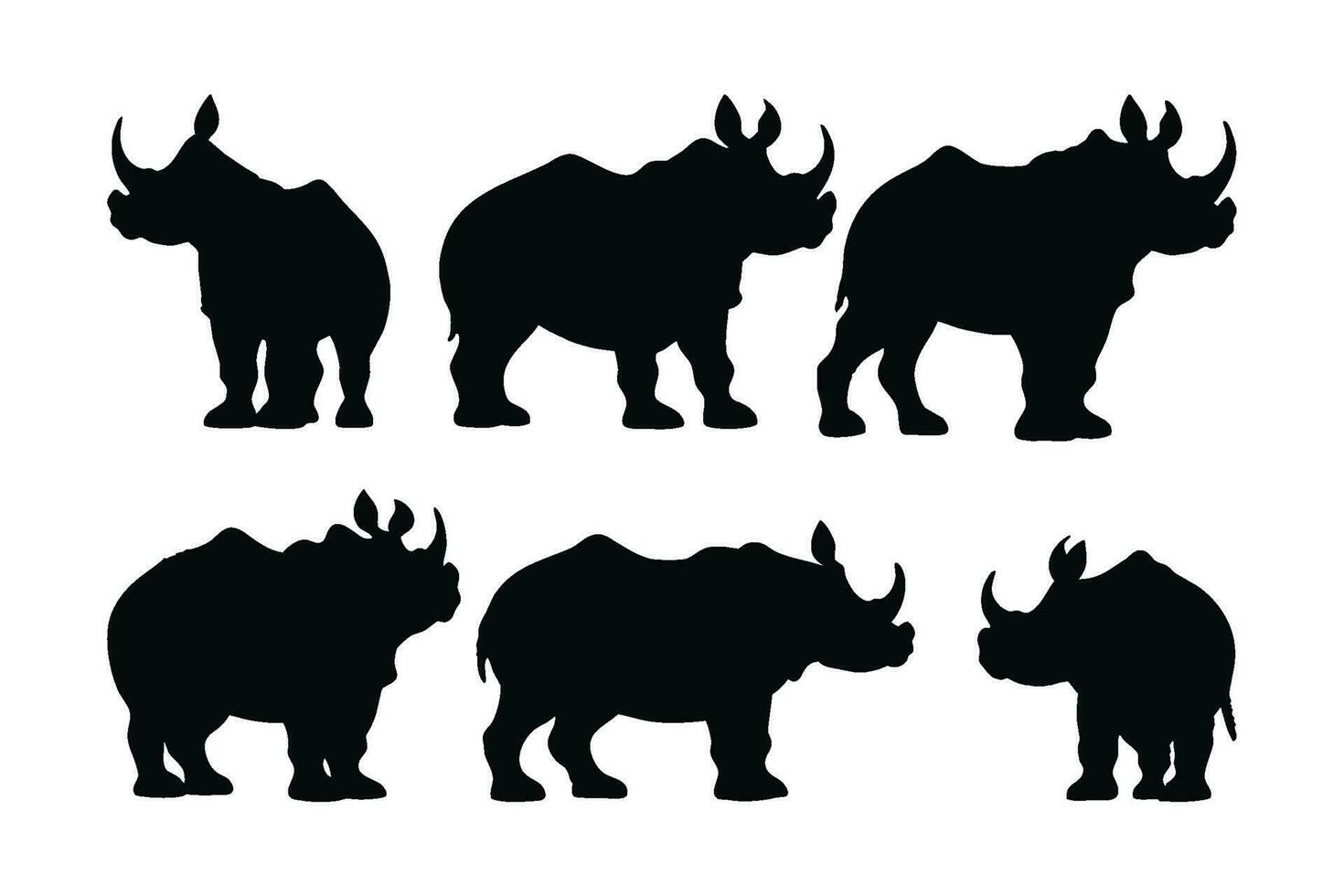 noshörning full kropp silhuett samling. vild fredlig noshörning silhuett bunt design. växtätande noshörning stående silhuett på en vit bakgrund. farlig noshörning stående i annorlunda positioner. vektor