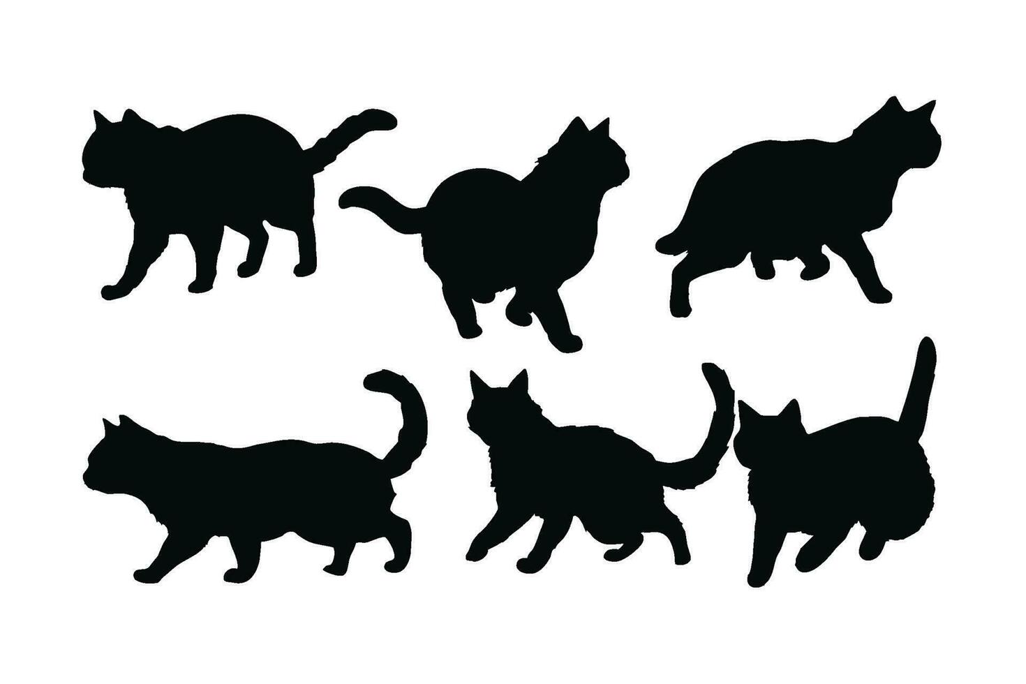 katter gående i annorlunda positioner, silhuett uppsättning vektor. vuxen katt silhuett samling på en vit bakgrund. skön inhemsk djur tycka om kattdjur och katter full kropp silhuett buntar. vektor