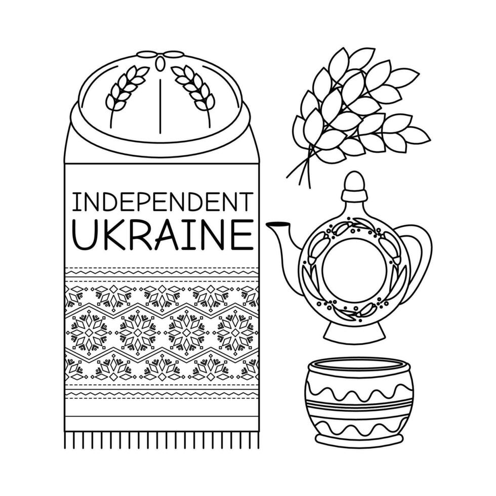 ukrainska limpa, handduk, kanna, vete, text oberoende ukraina. en uppsättning av element av ukrainska symboler. vektor