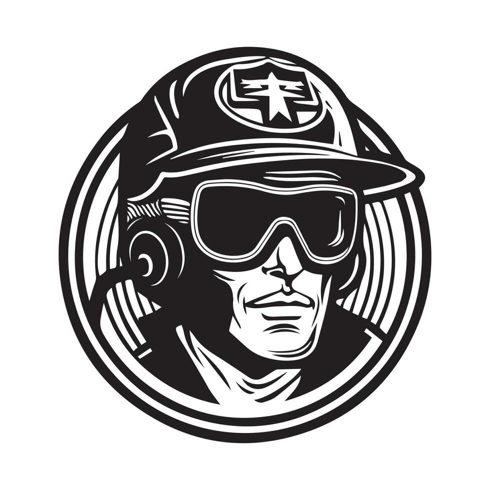 Vektor Illustration von ein Feuerwehrmann Kopf mit Helm und Brille im Jahrgang Stil, Maskottchen Logo Design