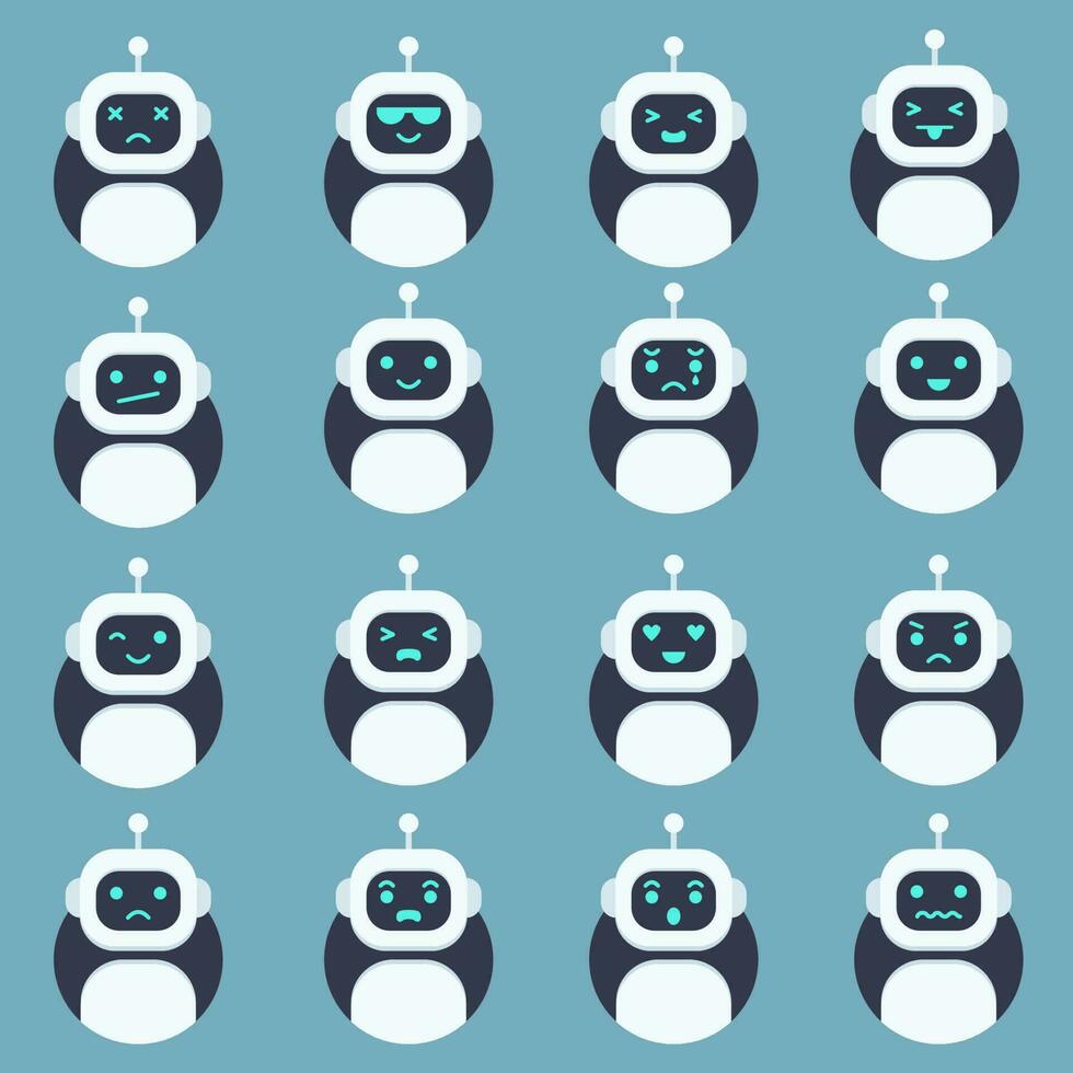 süß Roboter Kopf Benutzerbild Sammlung Satz. Plaudern bot Emoticon mit anders Gesichter. zum Aufkleber Grafik Design Poster und Symbol vektor