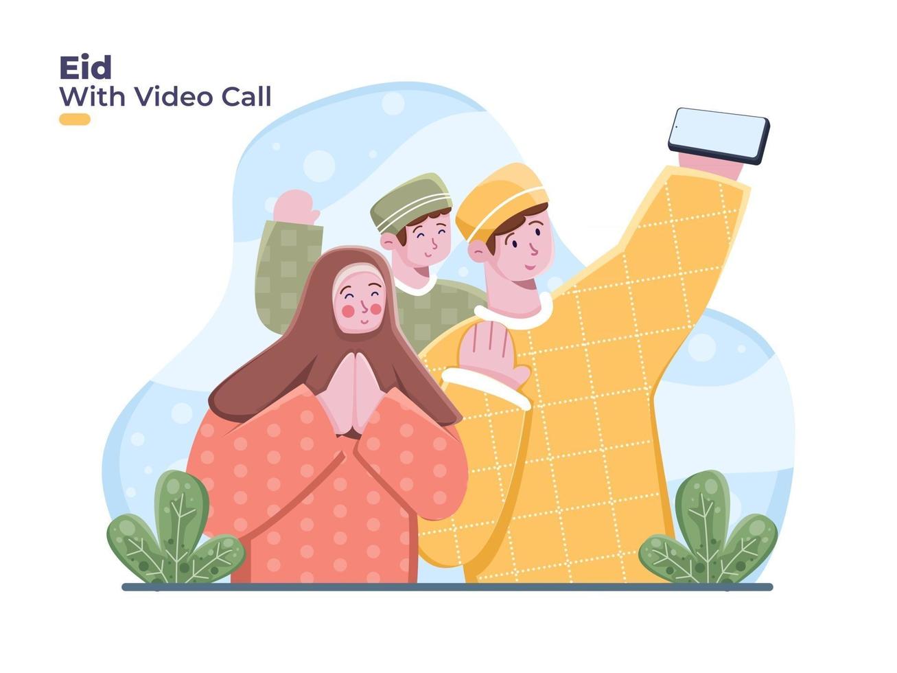 muslimsk familj använder smartphone för videosamtal för att fira och hälsa eid mubarak på indonesiska. eid mubarak med videosamtal online tillsammans firar eid al fitr vektor