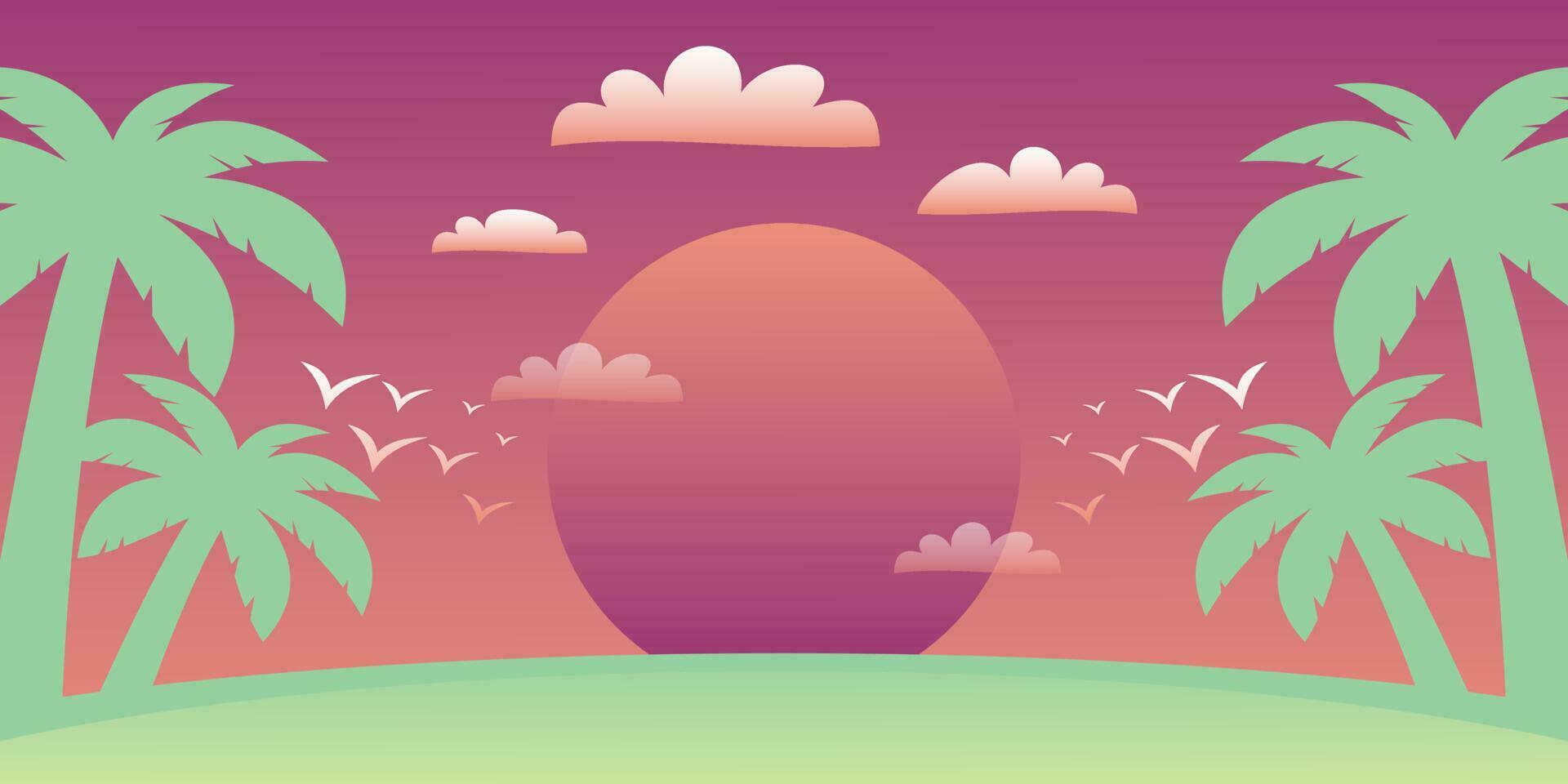 bunt Sommer- Hintergrund mit Sonnenuntergang Schatten und Palme Baum Symbole. Vektor Illustration zum Werbung Banner, Gruß Karten, Poster, Sozial Medien und Netz.