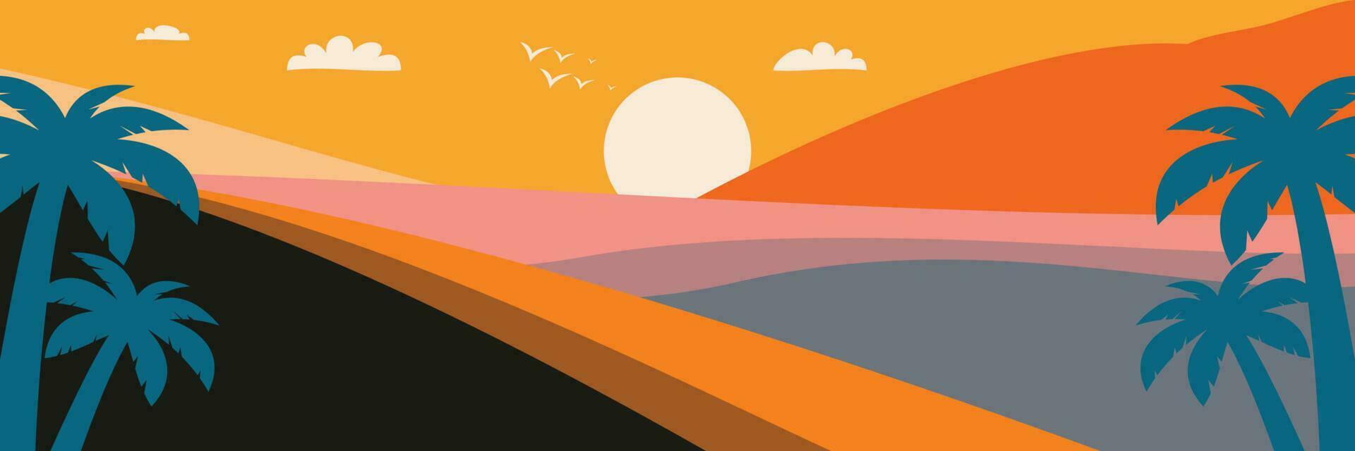 bunt Sommer- Hintergrund mit Sonnenuntergang Schatten und Palme Baum Symbole. Vektor Illustration zum Werbung Banner, Gruß Karten, Poster, Sozial Medien und Netz.