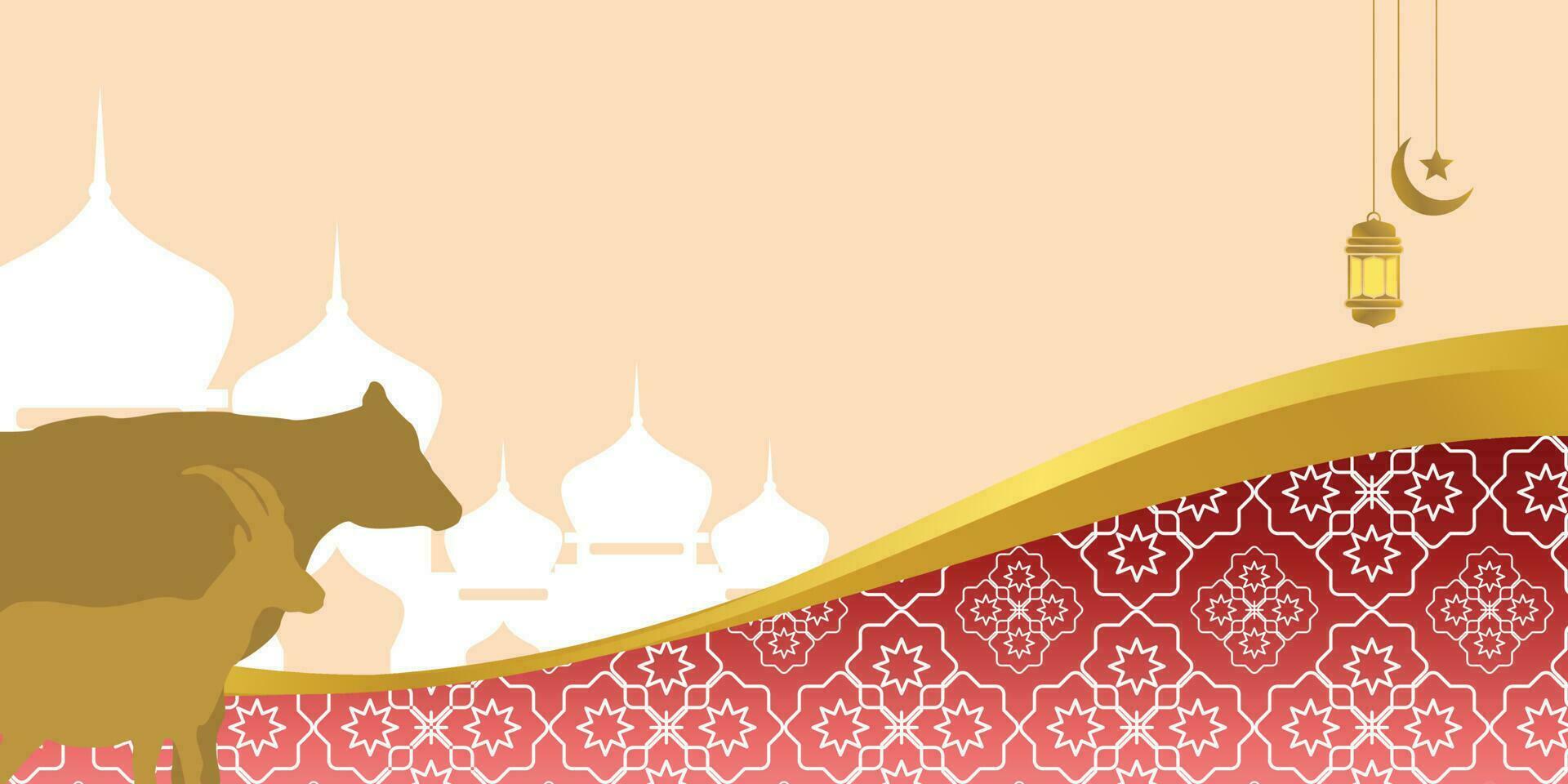 islamic bakgrund för eid al-adha, med moské, mandala, ko och get ikoner. baner mall med tömma Plats för text. Qurbån dag vektor illustration