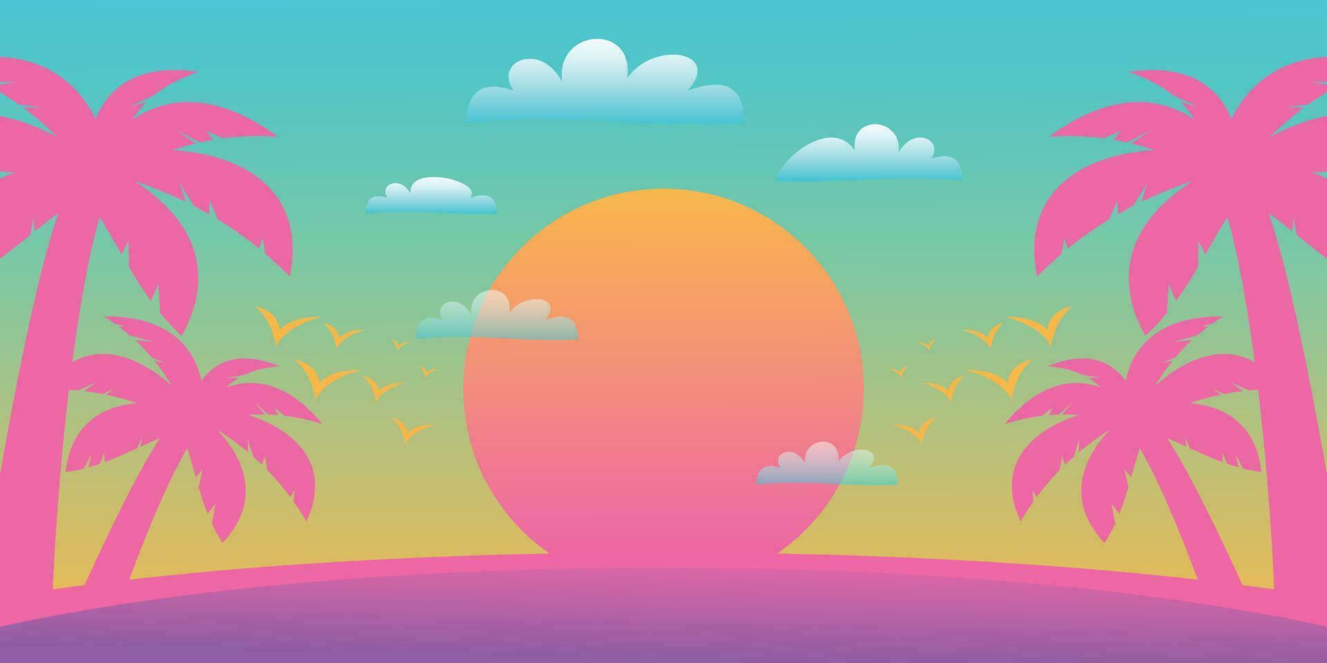 färgrik sommar bakgrund med solnedgång nyanser och handflatan träd ikoner. vektor illustration för PR banderoller, hälsning kort, affischer, social media och webb.