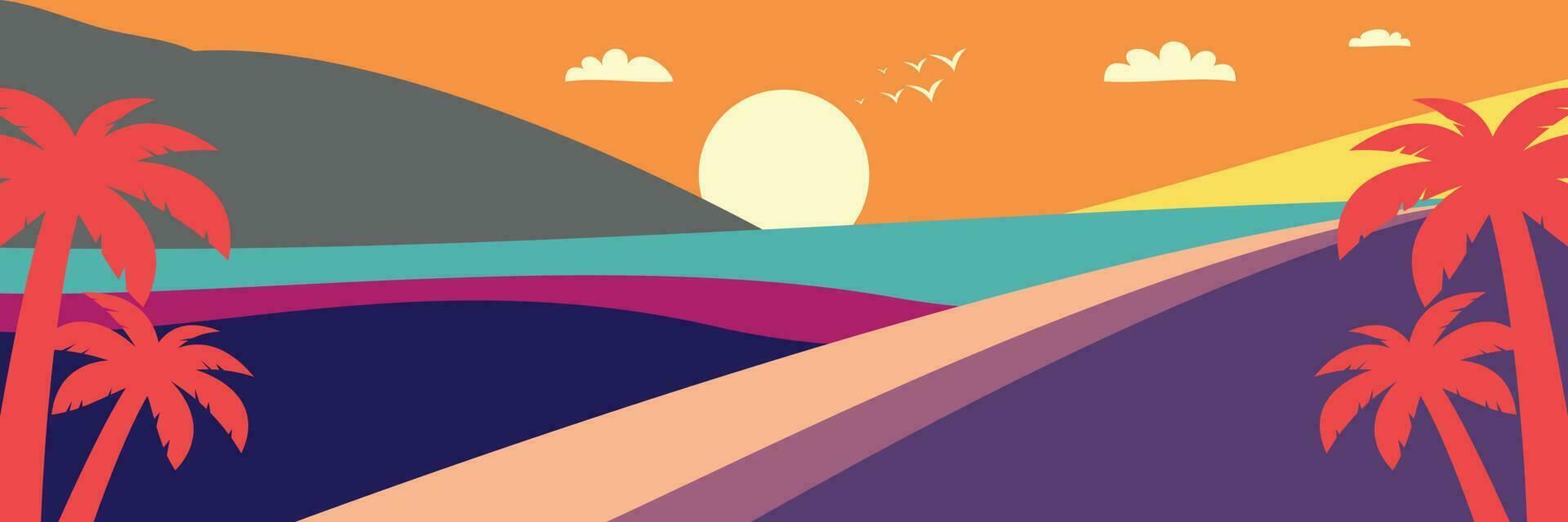 bunt Sommer- Hintergrund mit Sonnenuntergang Schatten und Palme Baum Symbole. Vektor Illustration zum Werbung Banner, Gruß Karten, Poster, Sozial Medien und Netz.