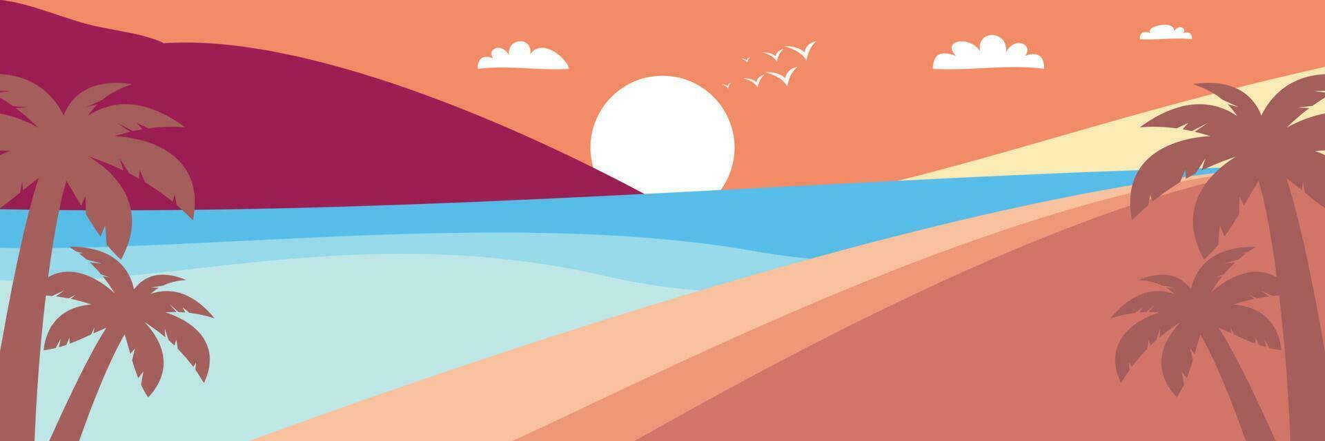 färgrik sommar bakgrund med solnedgång nyanser och handflatan träd ikoner. vektor illustration för PR banderoller, hälsning kort, affischer, social media och webb.