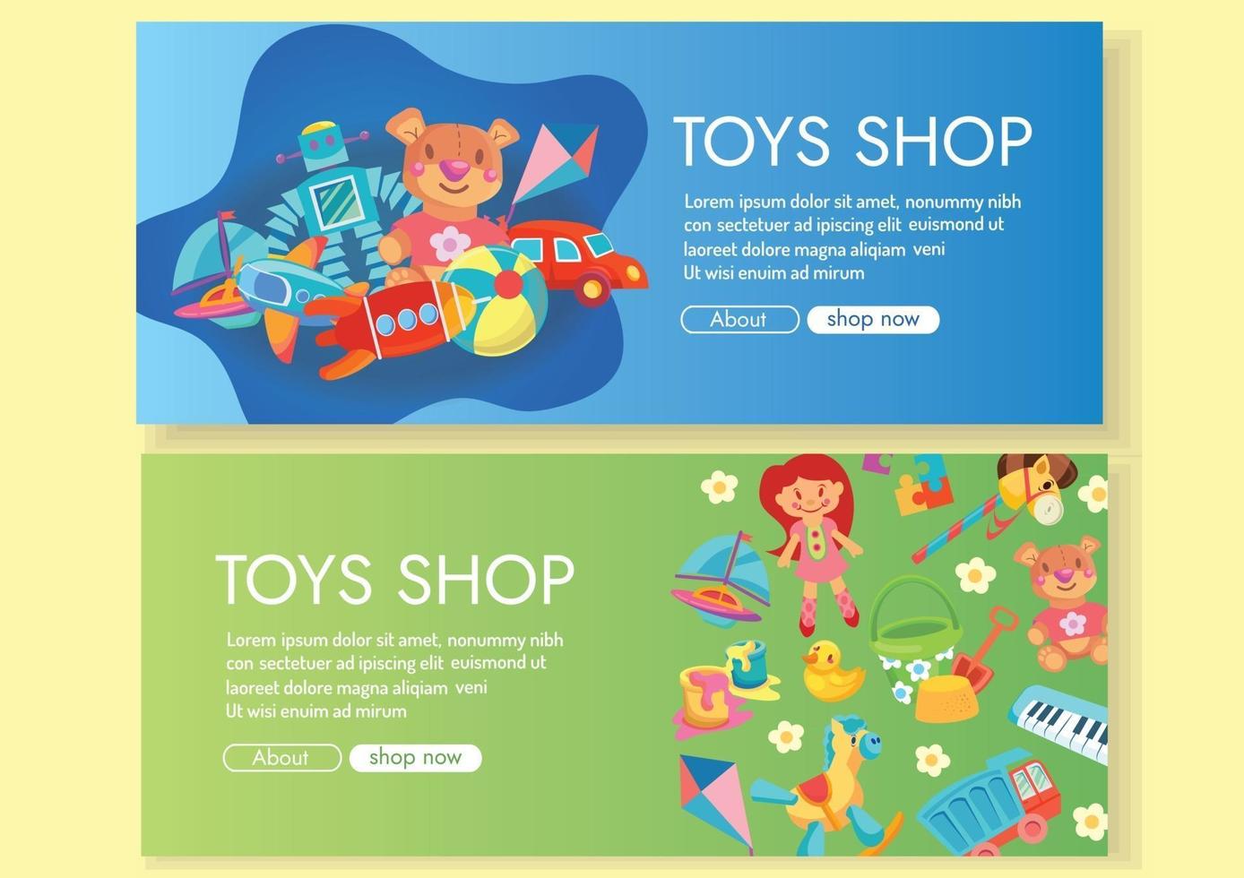 Spielzeugladen-Banner auf grünem und blauem Hintergrunddesign für Online-Shopping vektor