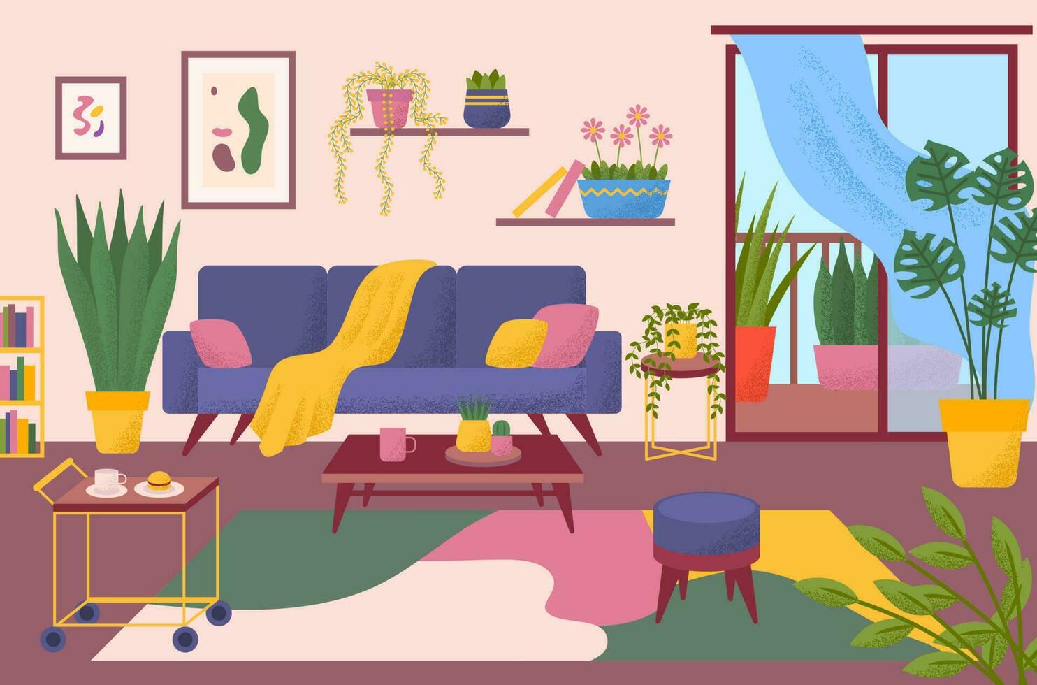 tecknad serie Färg modern levande rum interiör inuti begrepp. vektor