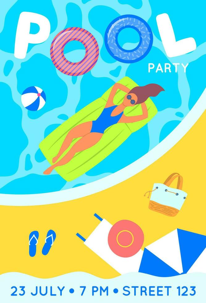 Karikatur Schwimmbad Party Poster Einladung Konzept Banner Karte. Vektor