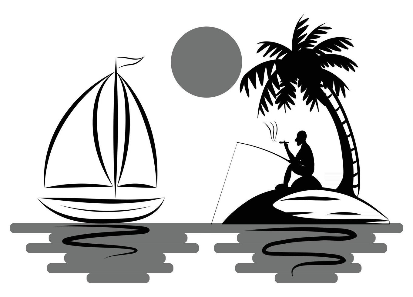 Ein Mann fischt und raucht bequem auf einer Insel mitten im Meer, auf der Kokospalmen stehen und neben der ein Segelboot schwimmt vektor