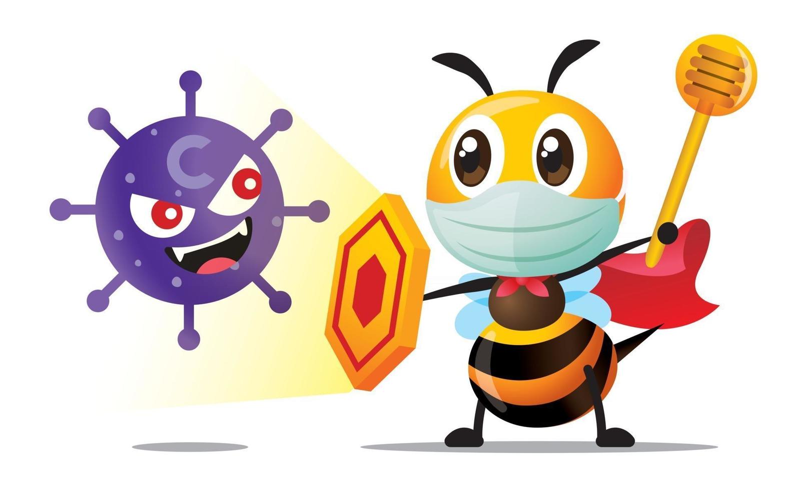 Cartoon niedliche Superheldenbiene, die chirurgische Maske trägt und Schild und Honigschöpflöffel hält, um gegen Coronavirus covid19 zu schützen vektor