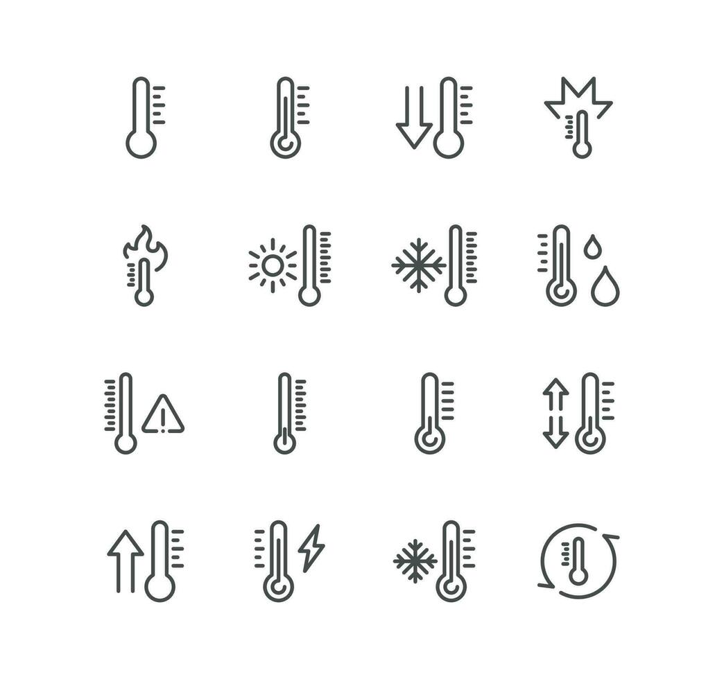 einstellen von Temperatur verbunden Symbole, Thermometer, Pyrometer, Thermostat, Schneeflocke, überhitzen, Temperatur überprüfen, Messung und linear Vielfalt Vektoren. vektor